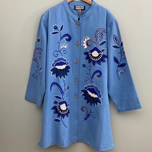 Indigo Moon Embroidered Floral Jacket Womens 2X Blue Boho Wearable Art